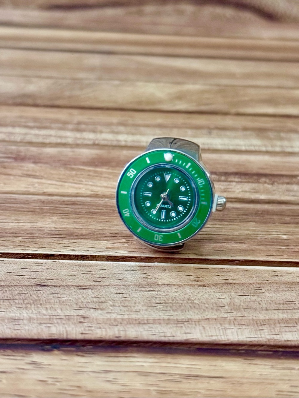 Green Dial Ring with Silver Band - Quartz Watch Face